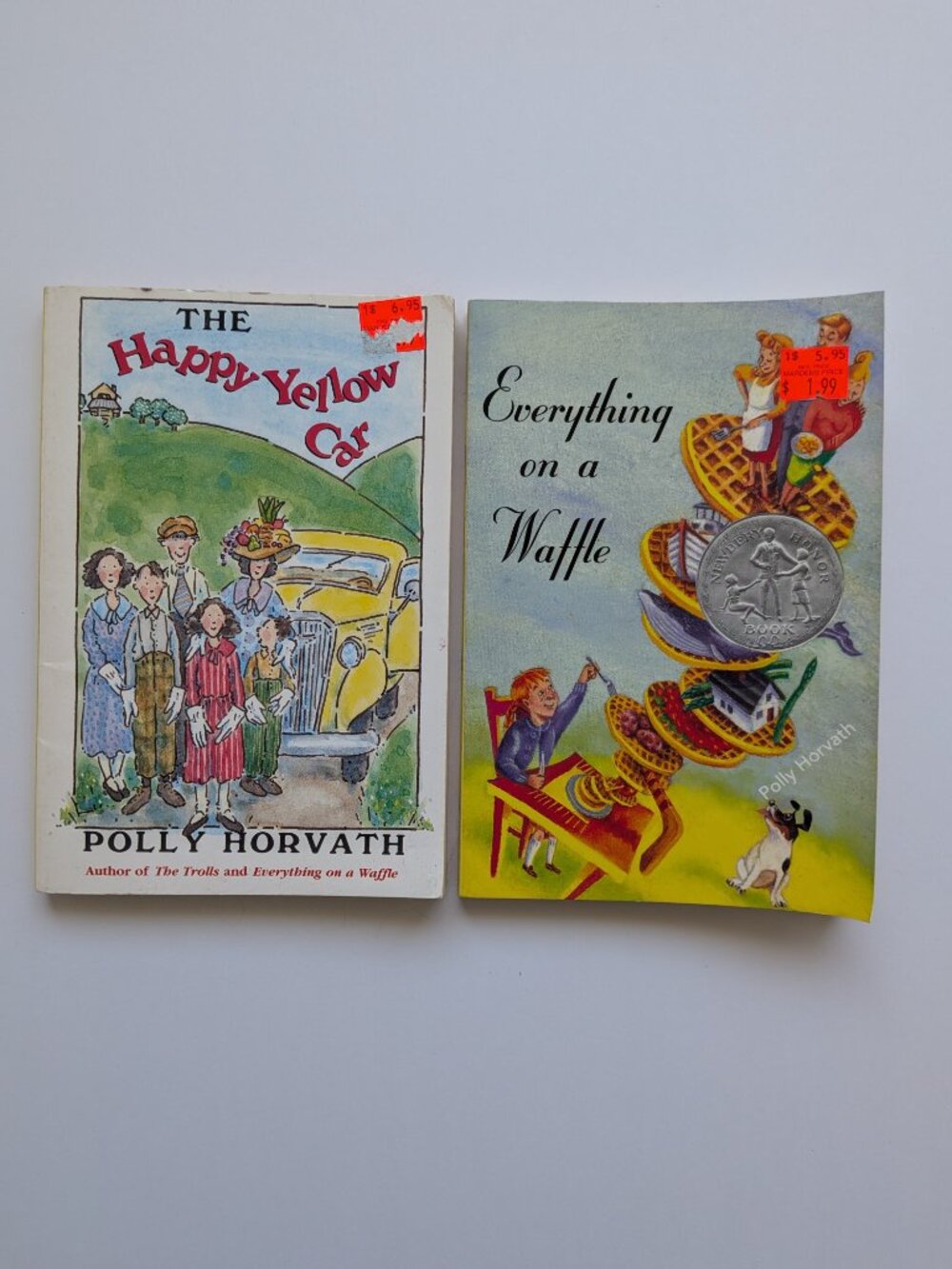 5/$15 2 Kids Books Polly Horvath Happy Yellow Car Everything on Waffle Middle